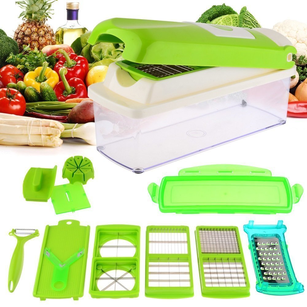 Miracle 12-in-1 Vegetable Chopper & Mandoline Slicer – Multipurpose Dicer, Grater, and Peeler Set with Container – Professional Kitchen Salad Tool for Onion, Potato, and Garlic (Green)